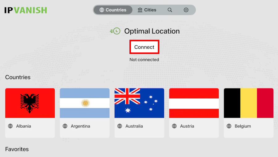 Screenshot of IPVanish's Apple TV app interface